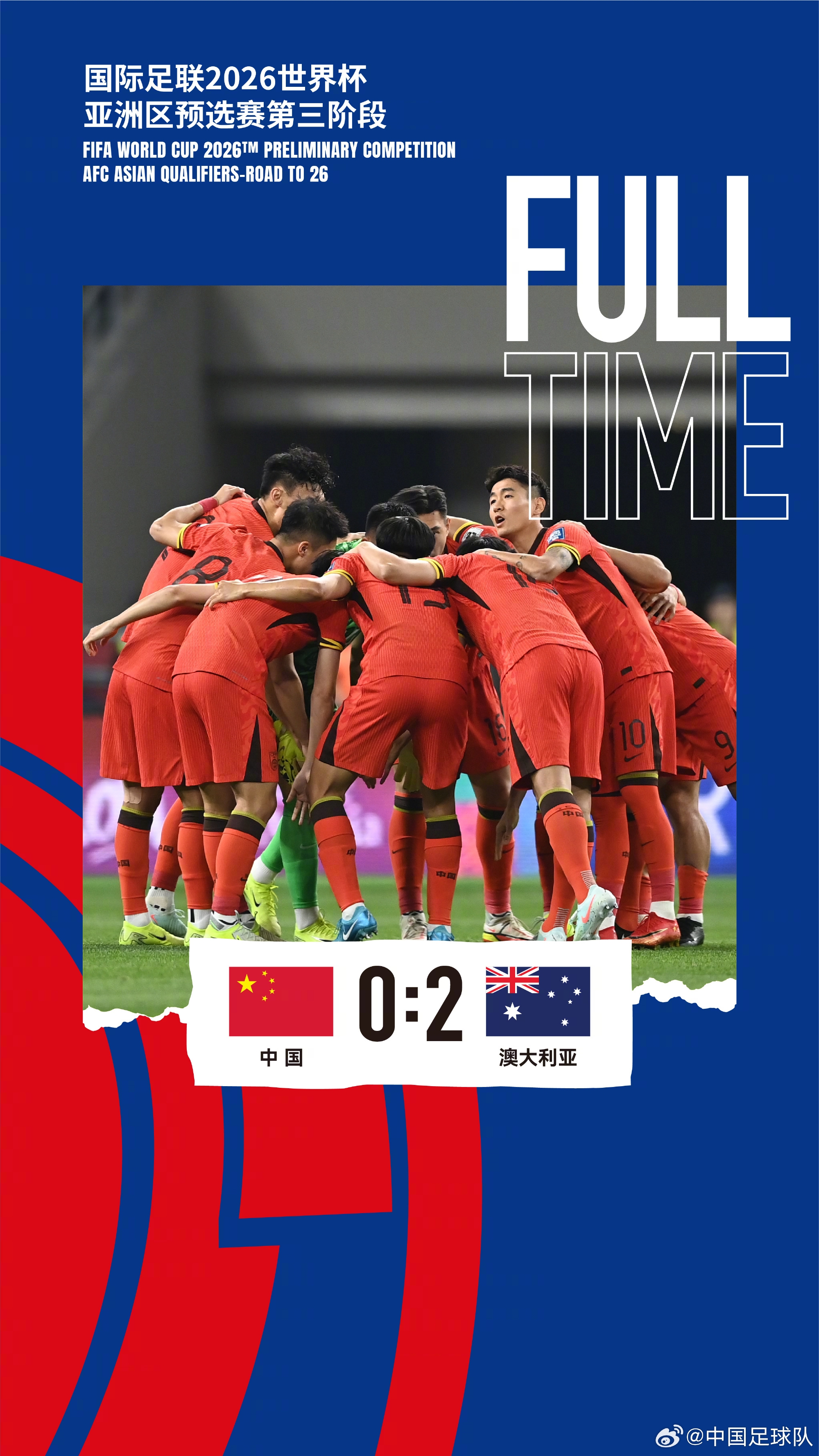 美加墨世界杯亞洲區(qū)預(yù)選賽第三階段第八輪，中國(guó)隊(duì)0-2澳大利亞隊(duì)